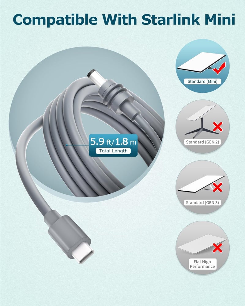 Gunovy كابل USB C صغير من ستارلينك 1.8م/5.9قدم كابل طاقة USB C إلى DC لكابل الطاقة من نوع C ستارلينك PD 100W كابل طاقة USB من نوع C إلى DC 5.5 * 2.1 مم متوافق مع مصدر PD 100W+ مقاوم للماء 18AWG 5.9قدم - Image 2